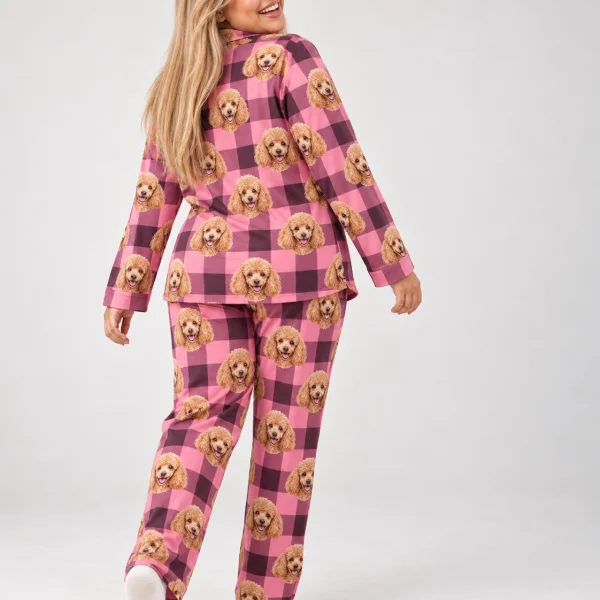 Woman posing in poodle mom pajamas, apricot Poodle faces on pink plaid fabric — MyDogPics