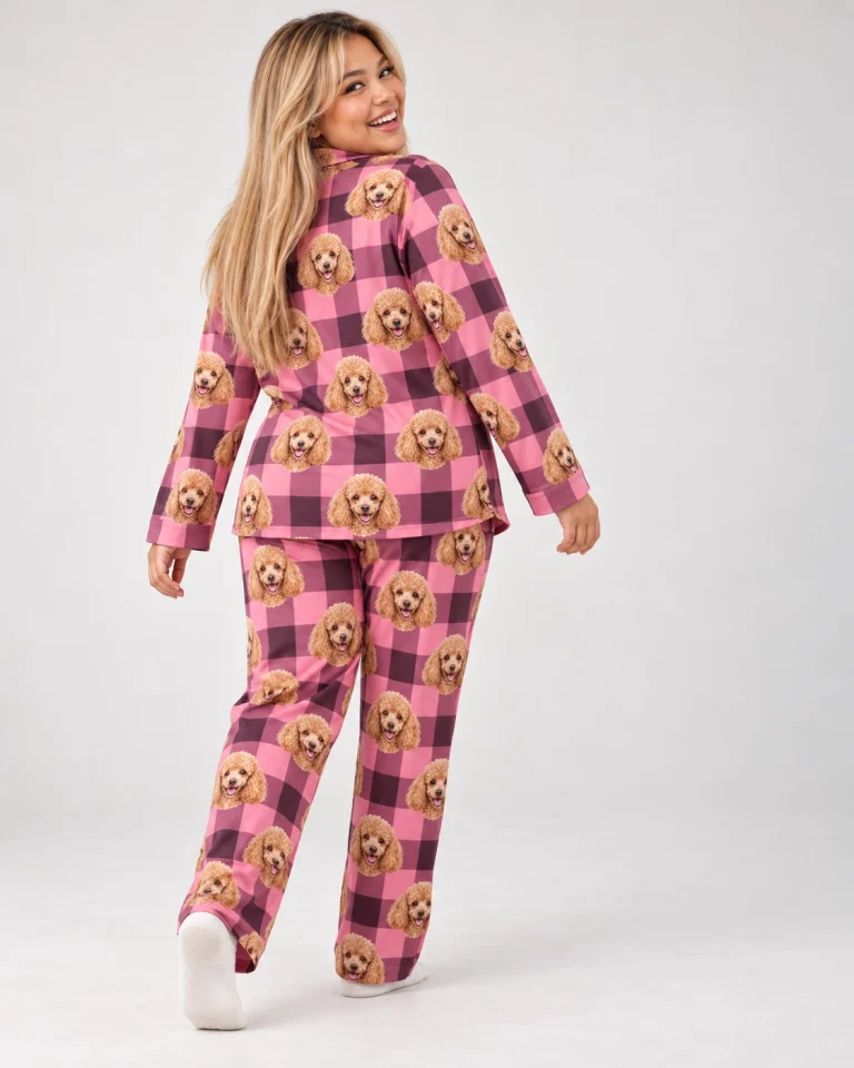 Woman posing in poodle mom pajamas, apricot Poodle faces on pink plaid fabric — MyDogPics