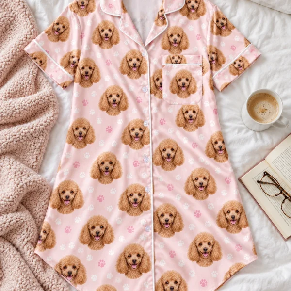 Flat lay of a poodle nightgown: shirt and pants covered in apricot Poodle faces — MyDogPics