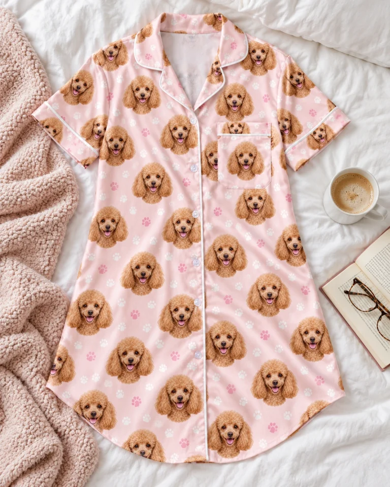 Flat lay of a poodle nightgown: shirt and pants covered in apricot Poodle faces — MyDogPics