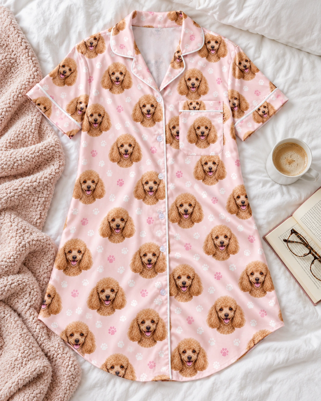 Poodle Nightgown – Flat Lay, Blush Pink Paw-Print | MyDogPics Flat lay of a poodle nightgown: shirt and pants covered in apricot Poodle faces — MyDogPics