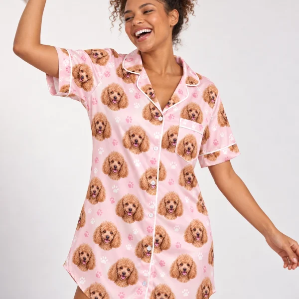 Woman posing in a poodle nightgown, apricot Poodle faces on blush pink paw-print satin — MyDogPics