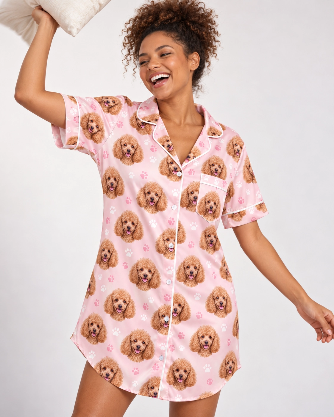 Poodle Nightgown – Pose, Blush Pink Paw-Print | MyDogPics Woman posing in a poodle nightgown, apricot Poodle faces on blush pink paw-print satin — MyDogPics