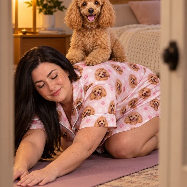 Woman in a poodle nightgown with her Poodle — MyDogPics