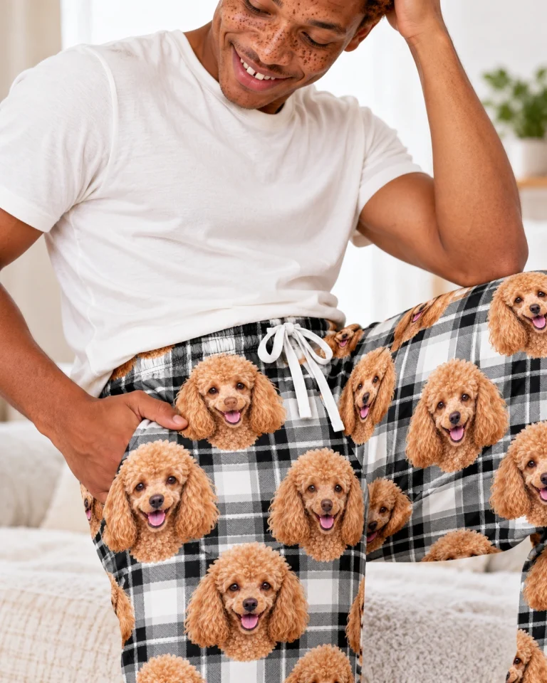 Close-up of the poodle pajama pants print: apricot Poodle faces on white plaid fabric — MyDogPics