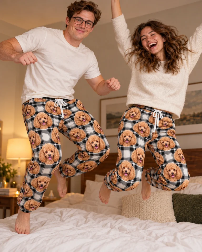 Man and his partner in matching poodle pajama pants with apricot Poodle faces on white plaid fabric — MyDogPics