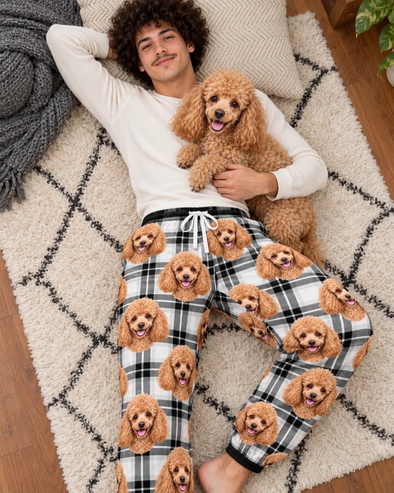 Man in poodle pajama pants with his Poodle — MyDogPics