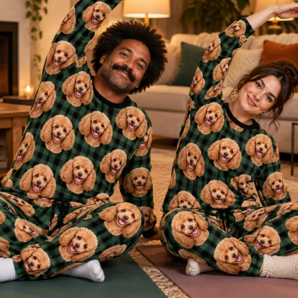 Man and his partner in matching poodle pajama set with apricot Poodle faces on green plaid fabric — MyDogPics
