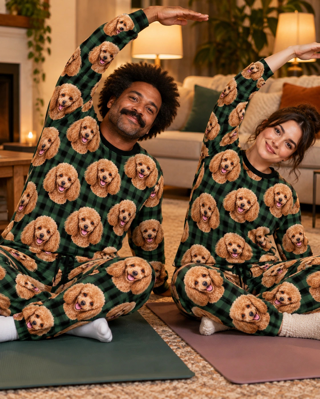 Poodle Pajama Set – Family, Green Plaid | MyDogPics Man and his partner in matching poodle pajama set with apricot Poodle faces on green plaid fabric — MyDogPics
