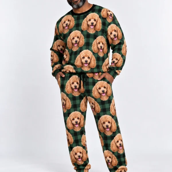 Man wearing a poodle pajama set covered in apricot Poodle faces on green plaid fabric — MyDogPics