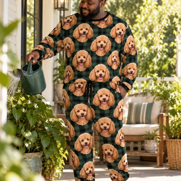 Man posing in a poodle pajama set, apricot Poodle faces on green plaid fabric — MyDogPics