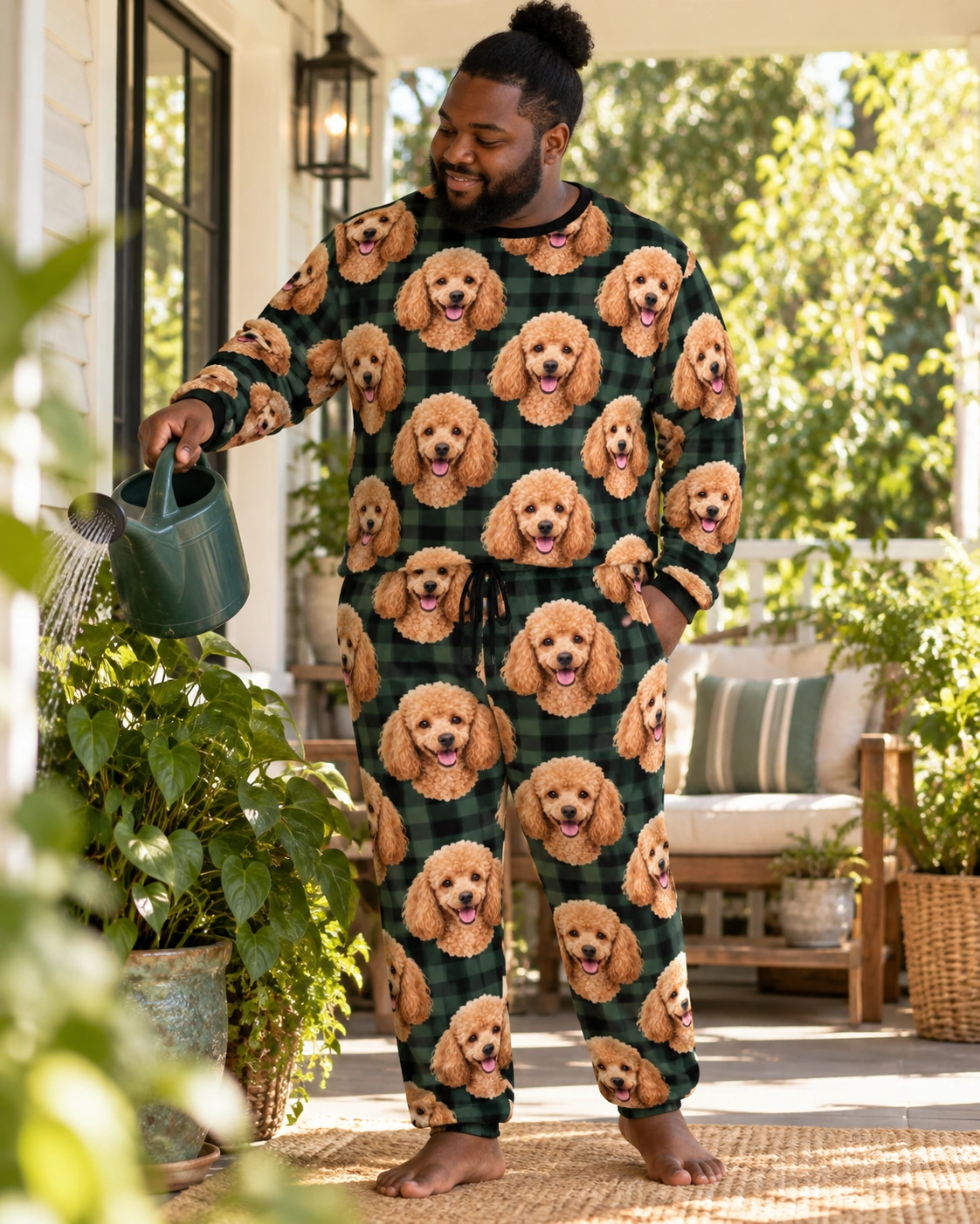 Poodle Pajama Set – Pose, Green Plaid | MyDogPics Man posing in a poodle pajama set, apricot Poodle faces on green plaid fabric — MyDogPics