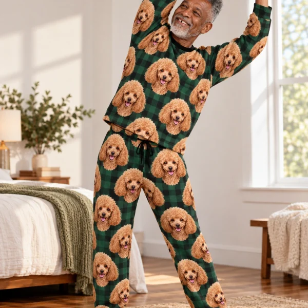 Man posing in a poodle pajama set, apricot Poodle faces on green plaid fabric — MyDogPics