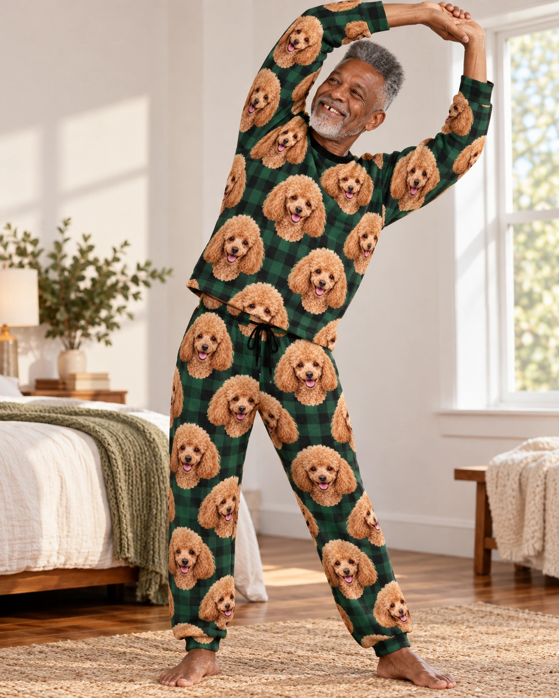 Poodle Pajama Set – Pose, Green Plaid | MyDogPics Man posing in a poodle pajama set, apricot Poodle faces on green plaid fabric — MyDogPics