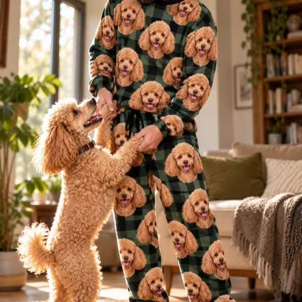 Man in a poodle pajama set with his Poodle — MyDogPics