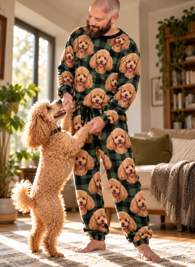 Man in a poodle pajama set with his Poodle — MyDogPics