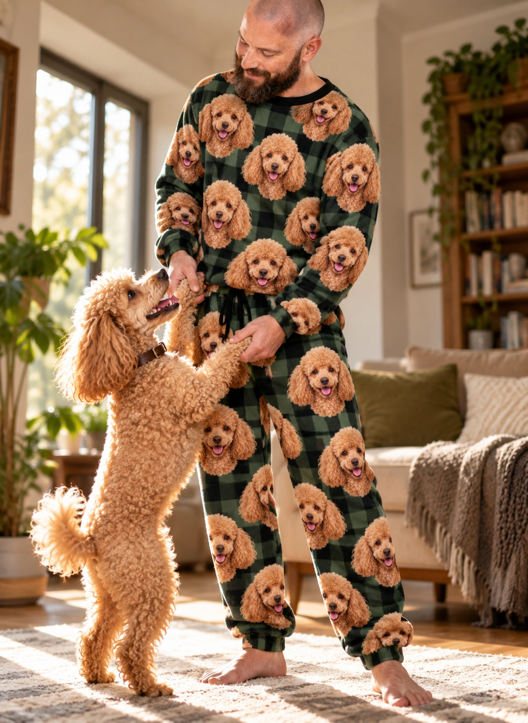 Poodle Pajama Set – With Dog, Green Plaid | MyDogPics Man in a poodle pajama set with his Poodle — MyDogPics