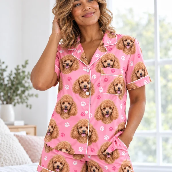 Woman posing in a poodle pajama short set, apricot Poodle faces on pink paw-print satin — MyDogPics