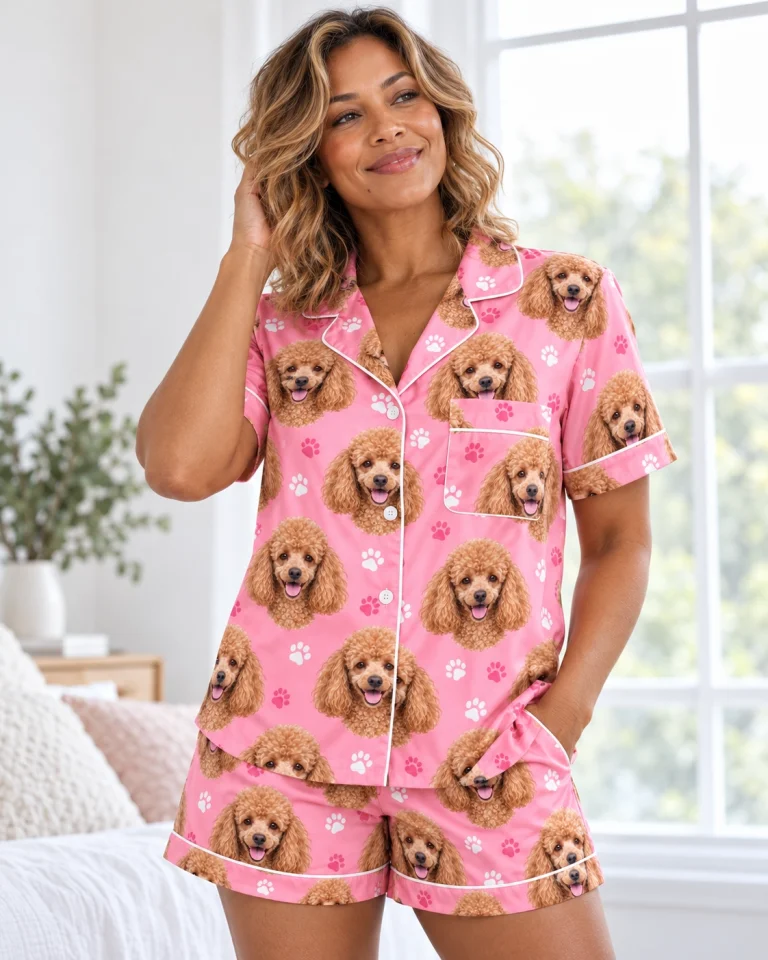 Woman posing in a poodle pajama short set, apricot Poodle faces on pink paw-print satin — MyDogPics