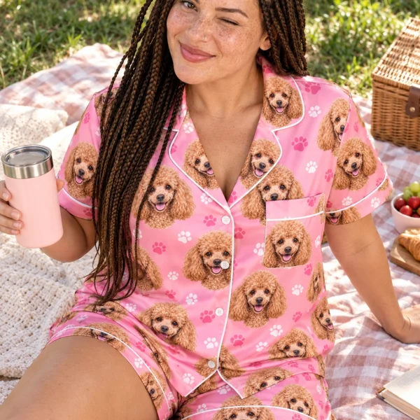 Woman sitting in a poodle pajama short set covered in apricot Poodle faces — MyDogPics
