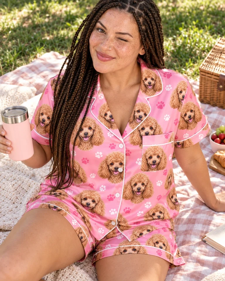 Woman sitting in a poodle pajama short set covered in apricot Poodle faces — MyDogPics