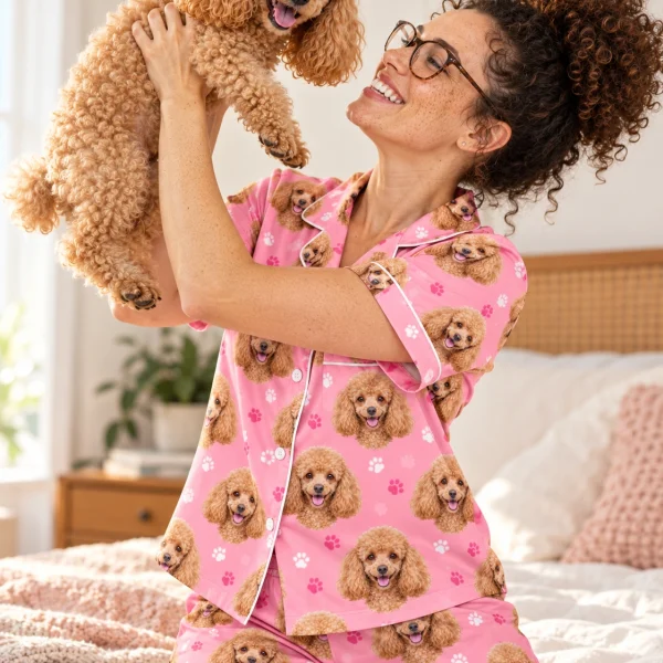 Woman in a poodle pajama short set with her Poodle — MyDogPics