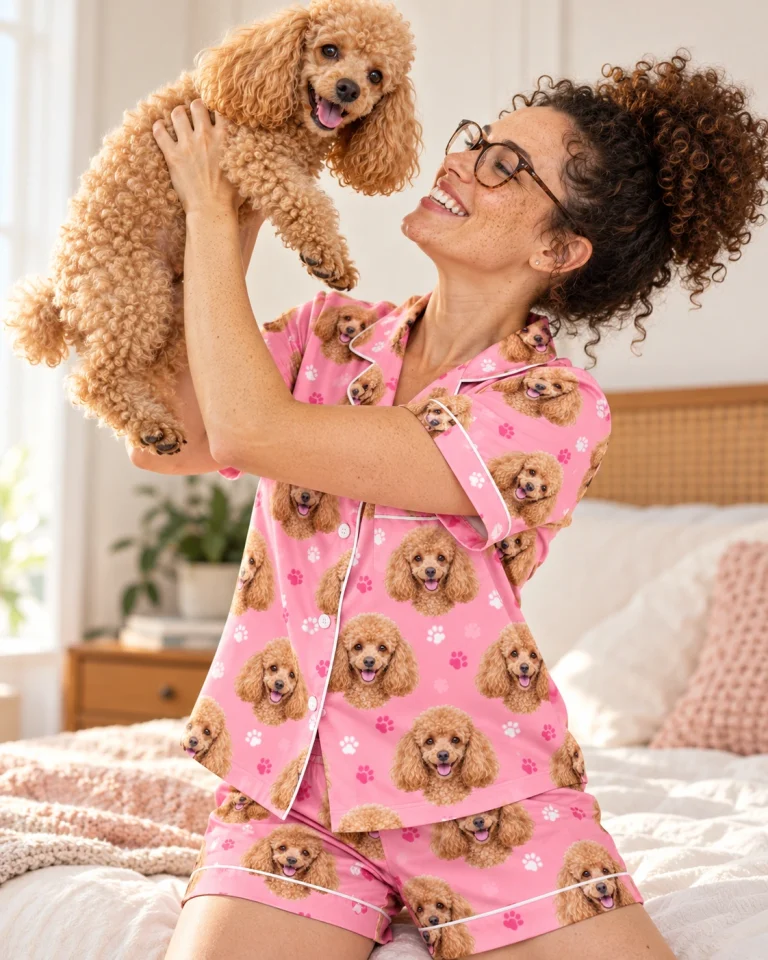 Woman in a poodle pajama short set with her Poodle — MyDogPics