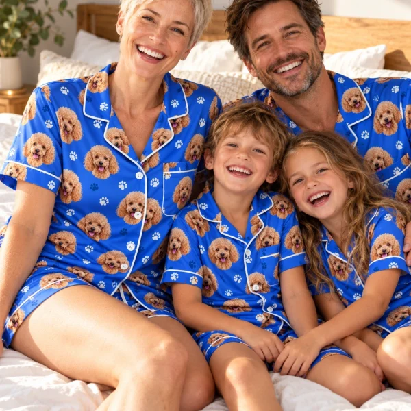 Woman and her family in matching poodle pajama shorts with apricot Poodle faces on royal blue paw-print satin — MyDogPics