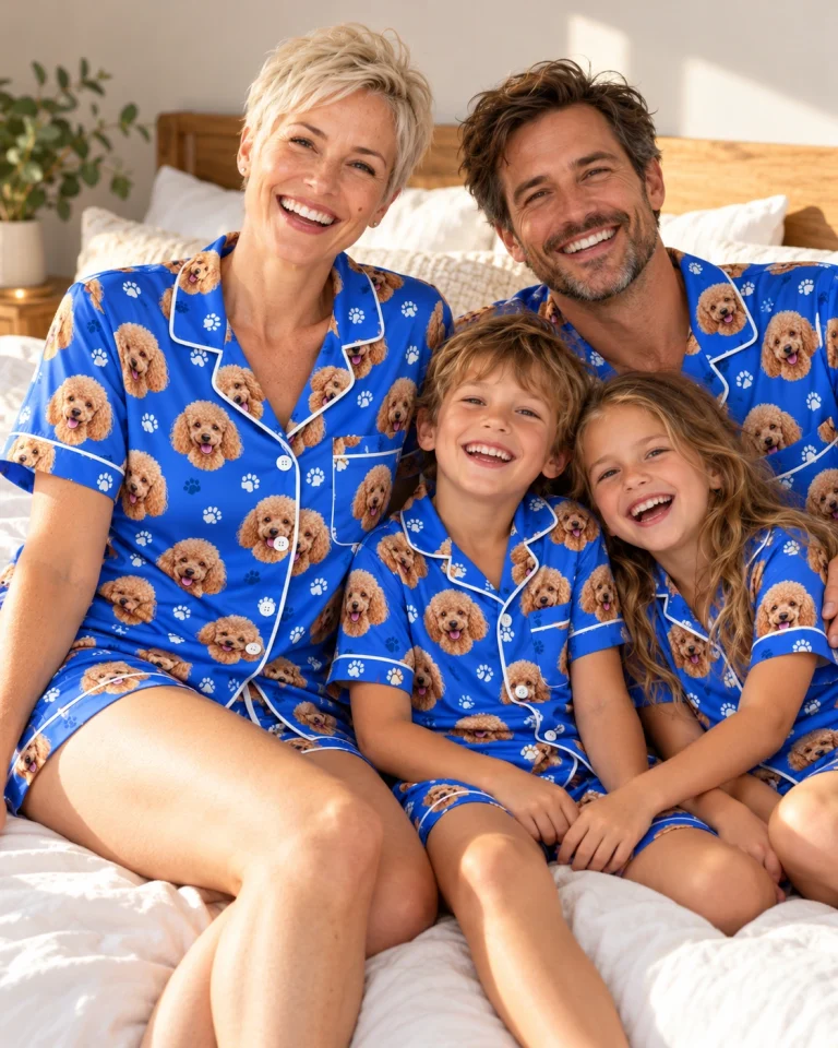 Woman and her family in matching poodle pajama shorts with apricot Poodle faces on royal blue paw-print satin — MyDogPics