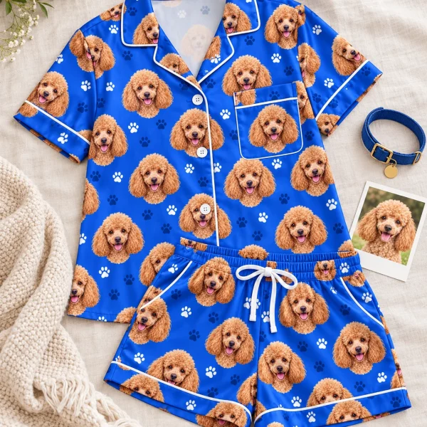 Flat lay of poodle pajama shorts: shirt and shorts covered in apricot Poodle faces — MyDogPics