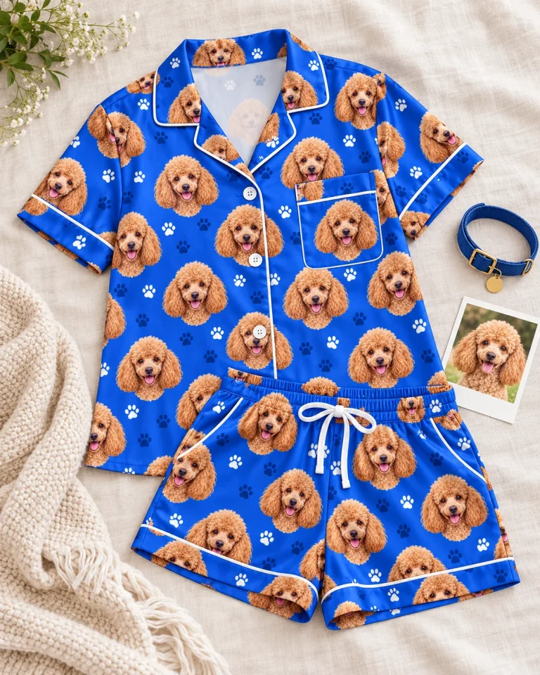 Flat lay of poodle pajama shorts: shirt and shorts covered in apricot Poodle faces — MyDogPics