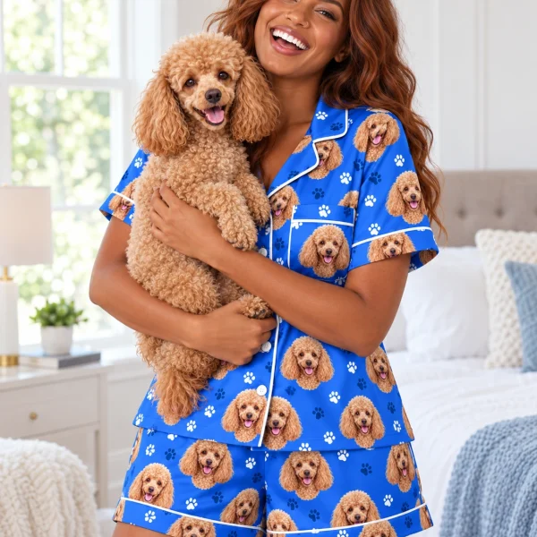 Woman in poodle pajama shorts with her Poodle — MyDogPics