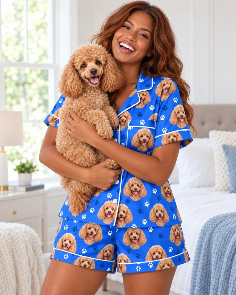 Woman in poodle pajama shorts with her Poodle — MyDogPics