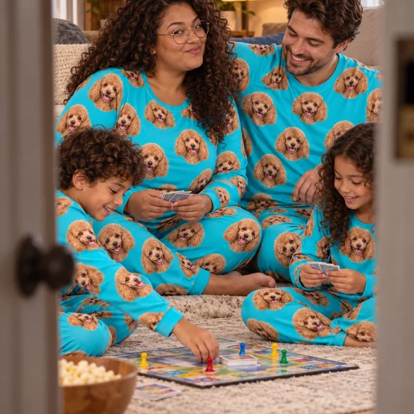 Woman and her family in matching poodle pajamas for adults with apricot Poodle faces on teal fabric — MyDogPics