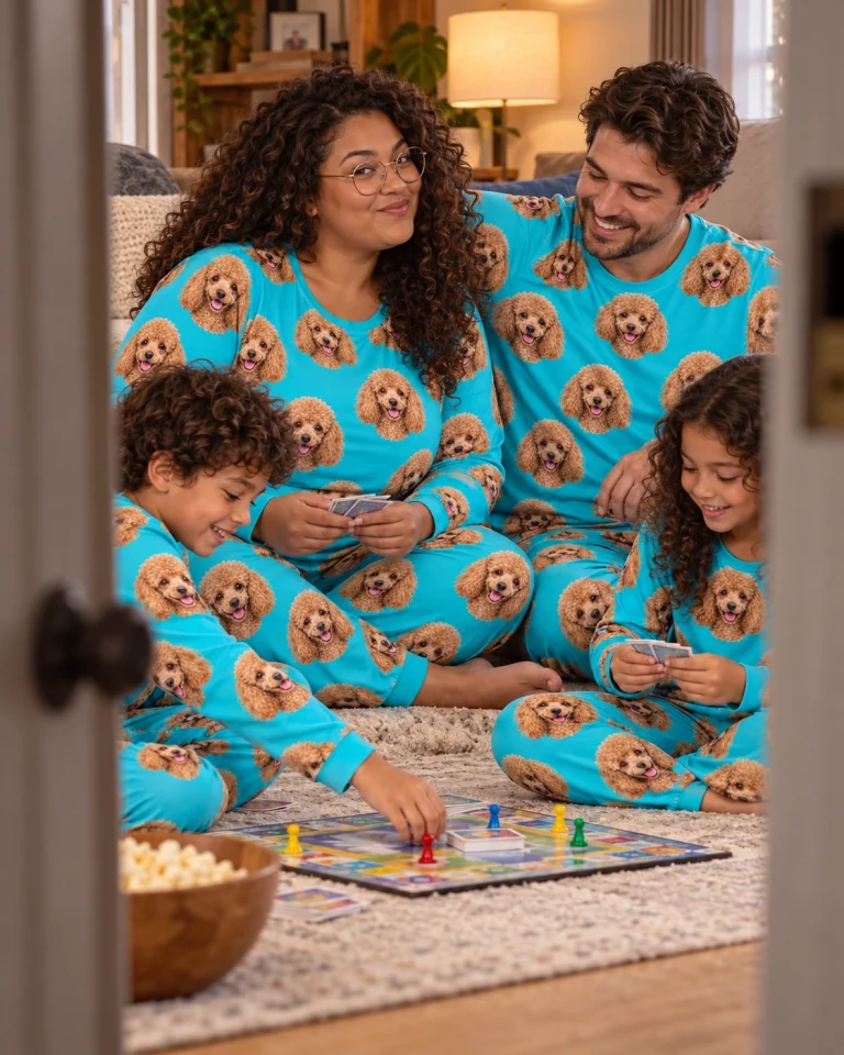 Woman and her family in matching poodle pajamas for adults with apricot Poodle faces on teal fabric — MyDogPics