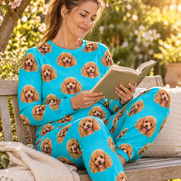 Woman sitting in a poodle pajamas for adults covered in apricot Poodle faces — MyDogPics
