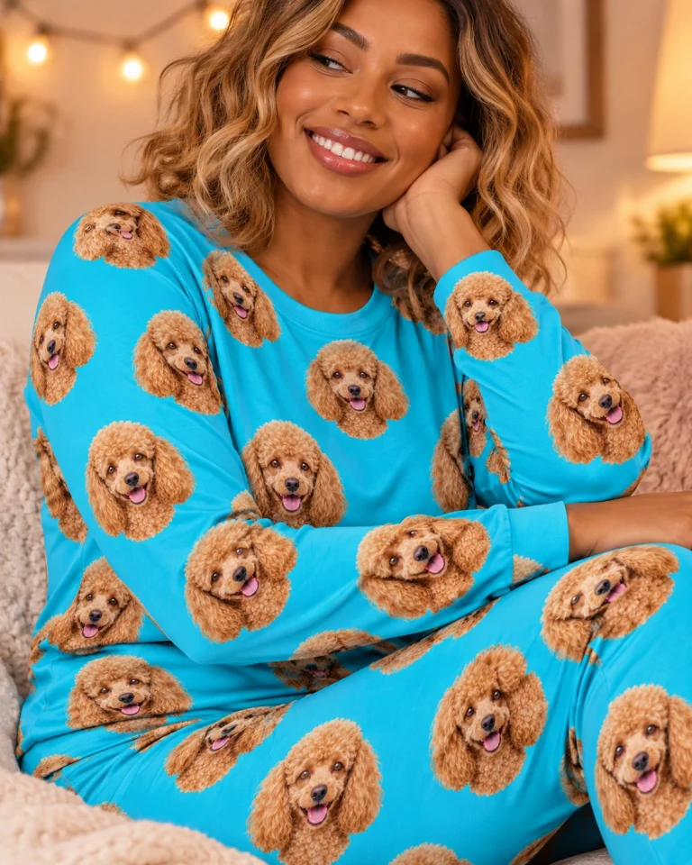Woman sitting in a poodle pajamas for adults covered in apricot Poodle faces — MyDogPics