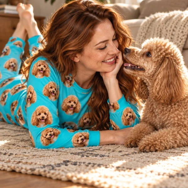 Woman in a poodle pajamas for adults with her Poodle — MyDogPics