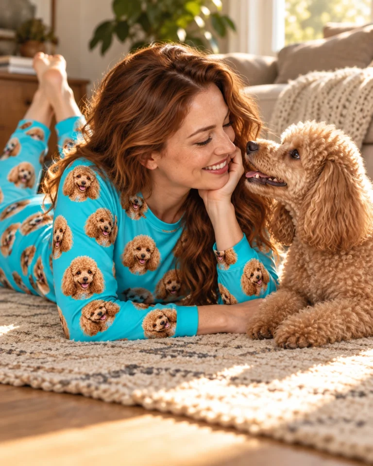 Woman in a poodle pajamas for adults with her Poodle — MyDogPics