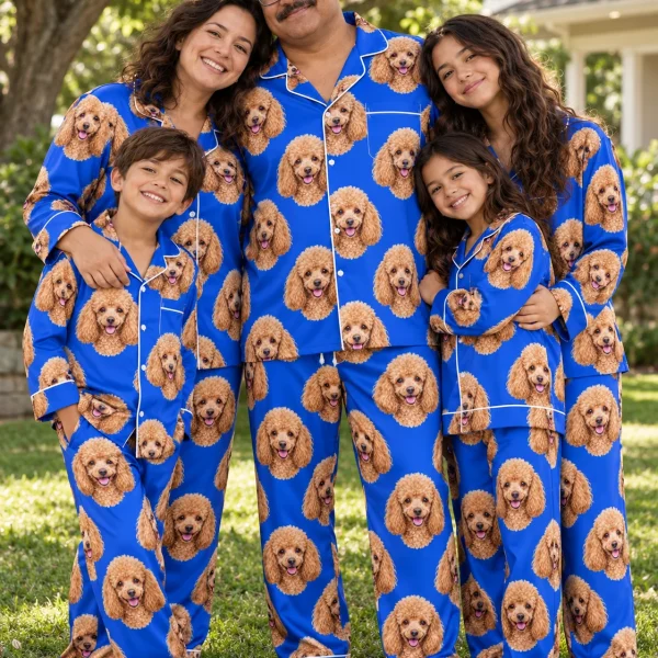 Man and his family in matching poodle pajamas for men with apricot Poodle faces on royal blue satin — MyDogPics