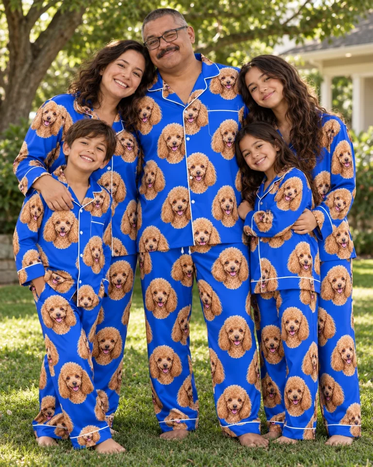 Man and his family in matching poodle pajamas for men with apricot Poodle faces on royal blue satin — MyDogPics