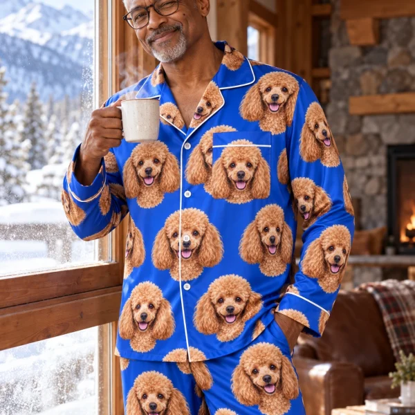 Man posing in a poodle pajamas for men, apricot Poodle faces on royal blue satin — MyDogPics