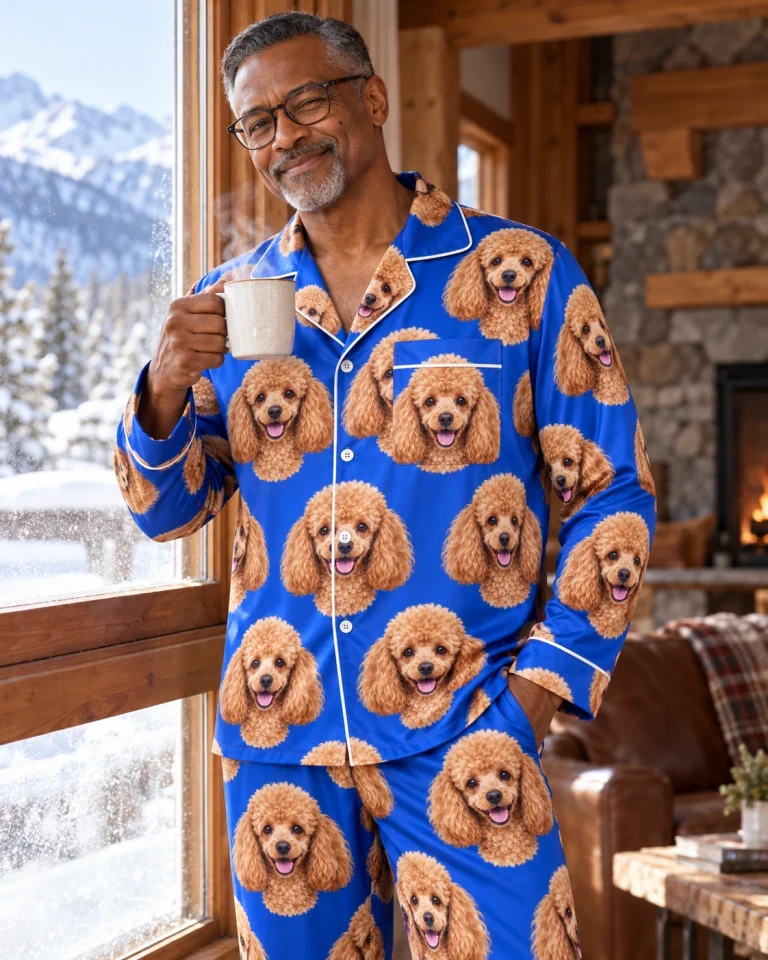 Man posing in a poodle pajamas for men, apricot Poodle faces on royal blue satin — MyDogPics
