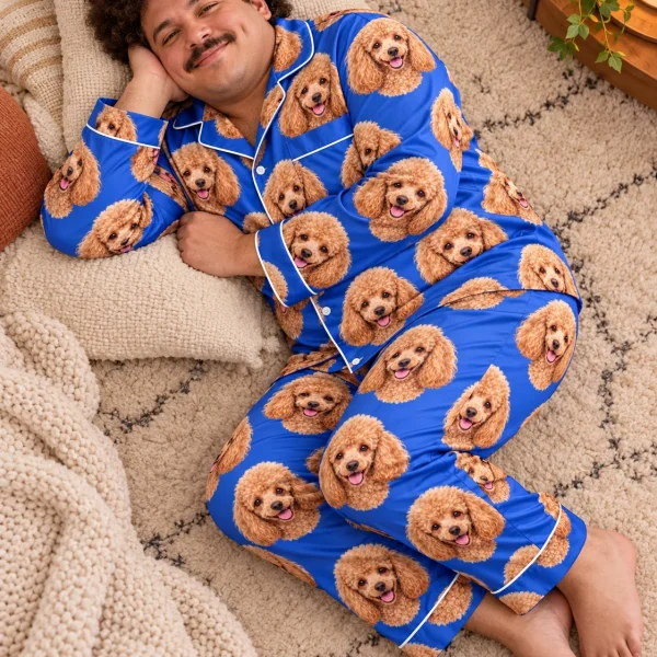 Man sitting in a poodle pajamas for men covered in apricot Poodle faces — MyDogPics