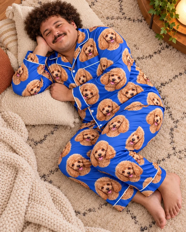 Man sitting in a poodle pajamas for men covered in apricot Poodle faces — MyDogPics
