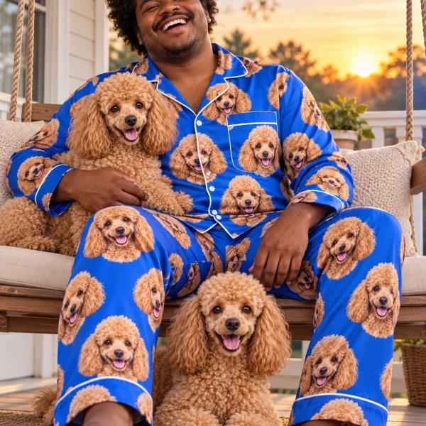 Man in a poodle pajamas for men with his Poodle — MyDogPics