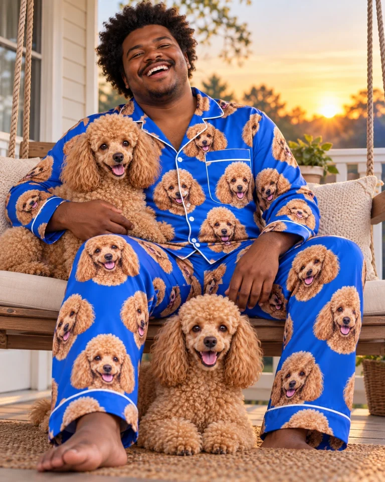 Man in a poodle pajamas for men with his Poodle — MyDogPics