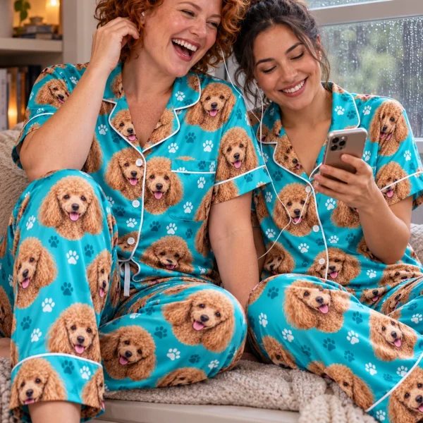Woman and her friend in matching poodle print pajamas with apricot Poodle faces on teal paw-print satin — MyDogPics