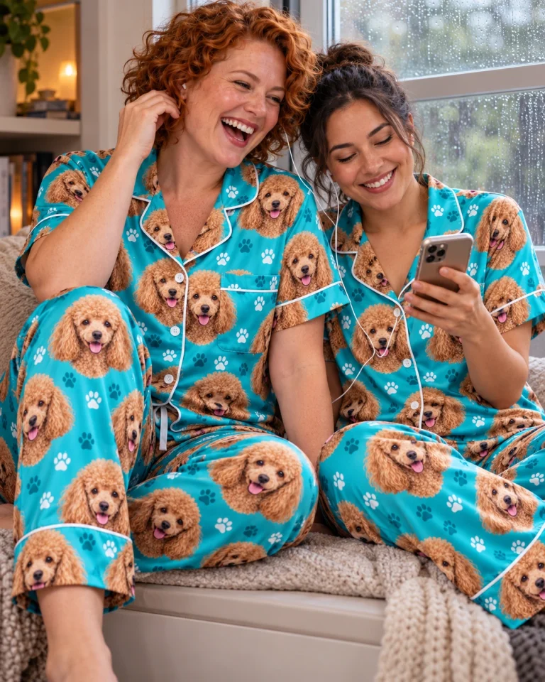 Woman and her friend in matching poodle print pajamas with apricot Poodle faces on teal paw-print satin — MyDogPics