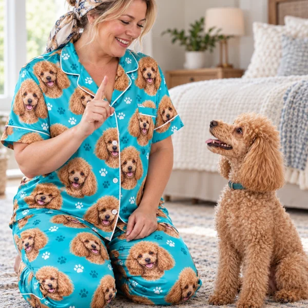 Woman in poodle print pajamas with her Poodle — MyDogPics